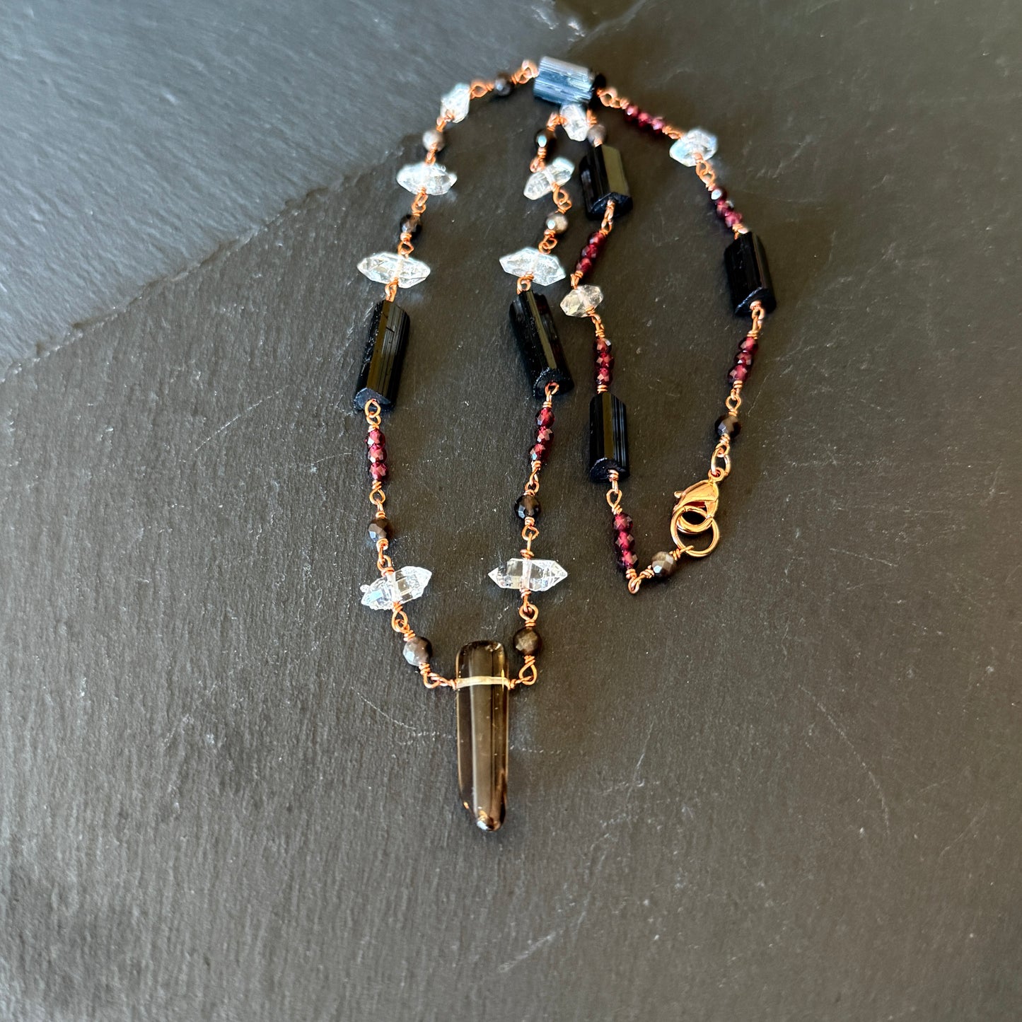 Protection Amulet: Smoky Quartz, Garnet, Quartz,  Black Tourmaline and Obsidian Copper Necklace