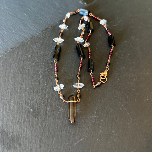 Protection Amulet: Smoky Quartz, Garnet, Quartz,  Black Tourmaline and Obsidian Copper Necklace