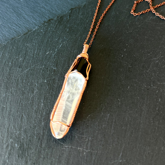 Protection Amulet: Black Tourmaline and Lemurian Quartz Crystal Copper Pendant
