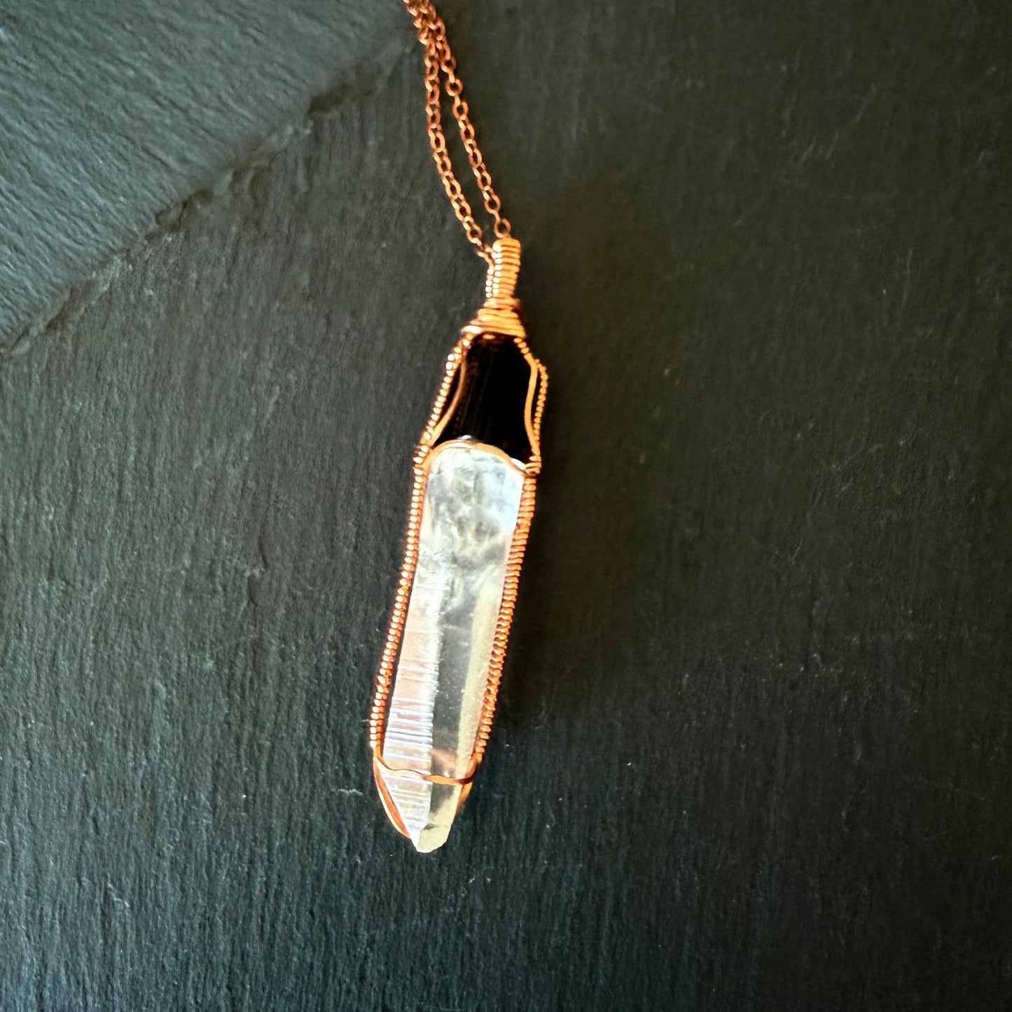 Protection Amulet: Black Tourmaline and Lemurian Quartz Crystal Copper Pendant