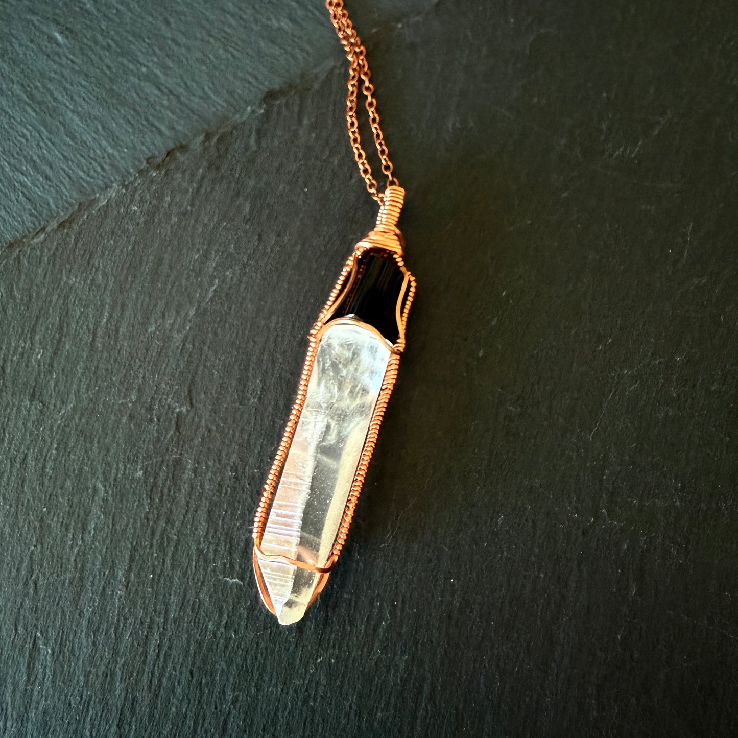 Protection Amulet: Black Tourmaline and Lemurian Quartz Crystal Copper Pendant