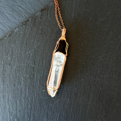 Protection Amulet: Black Tourmaline and Lemurian Quartz Crystal Copper Pendant