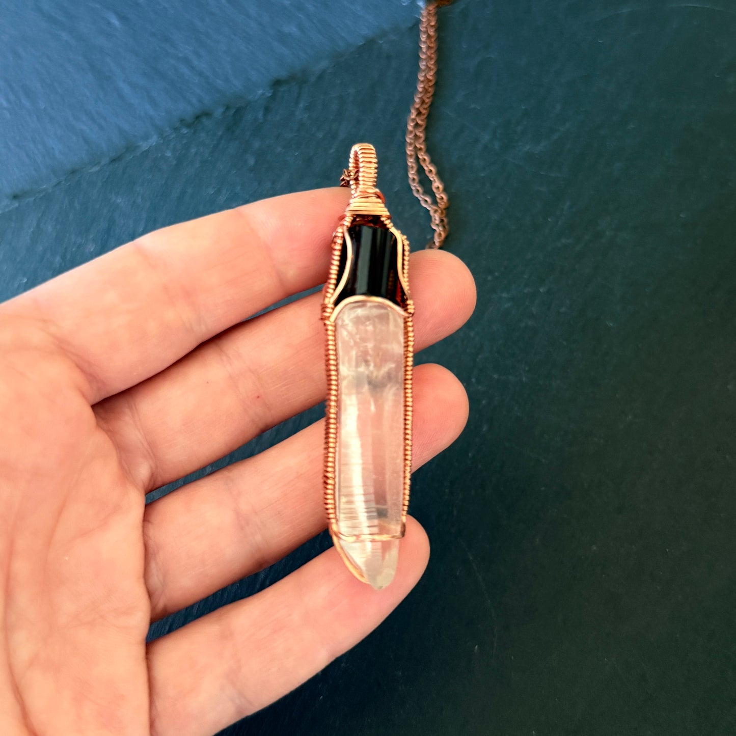 Protection Amulet: Black Tourmaline and Lemurian Quartz Crystal Copper Pendant