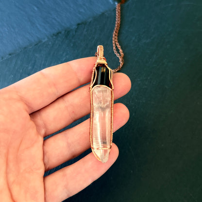 Protection Amulet: Black Tourmaline and Lemurian Quartz Crystal Copper Pendant
