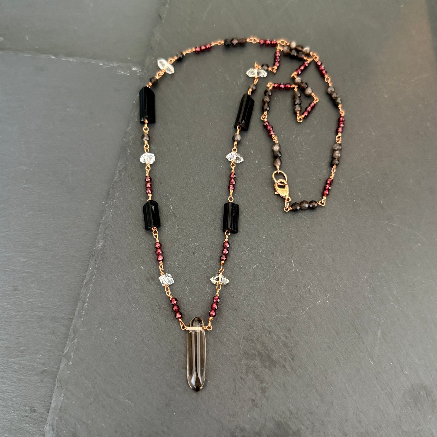 Protection Amulet: Smoky Quartz, Garnet, Quartz,  Black Tourmaline and Obsidian Copper Necklace