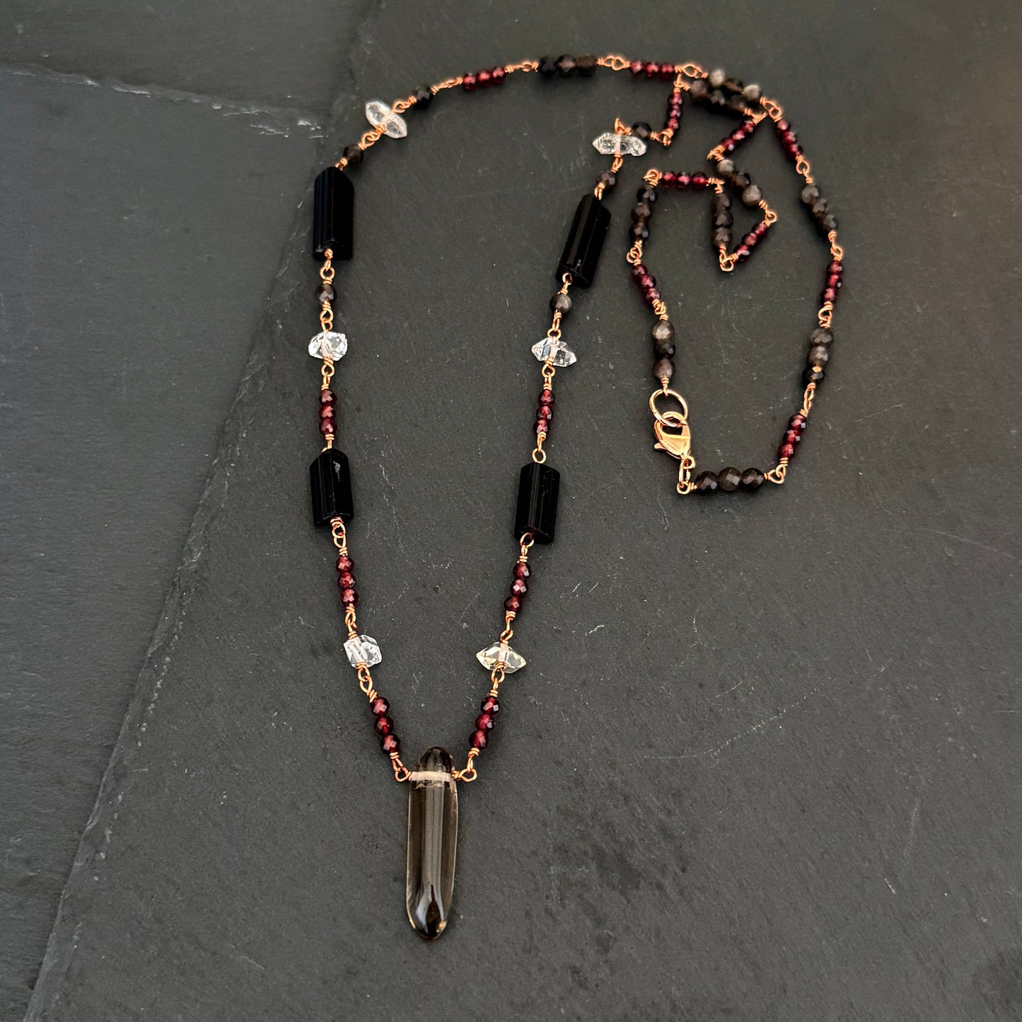 Protection Amulet: Smoky Quartz, Garnet, Quartz,  Black Tourmaline and Obsidian Copper Necklace