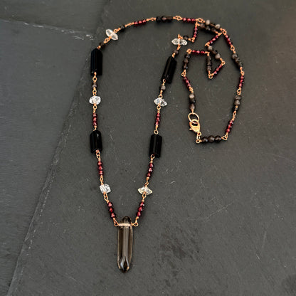 Protection Amulet: Smoky Quartz, Garnet, Quartz,  Black Tourmaline and Obsidian Copper Necklace
