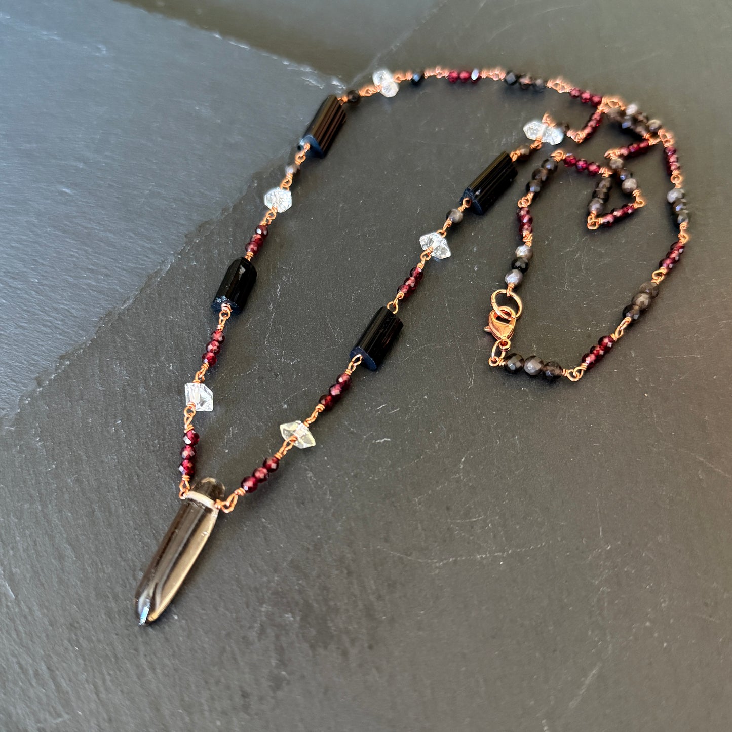 Protection Amulet: Smoky Quartz, Garnet, Quartz,  Black Tourmaline and Obsidian Copper Necklace
