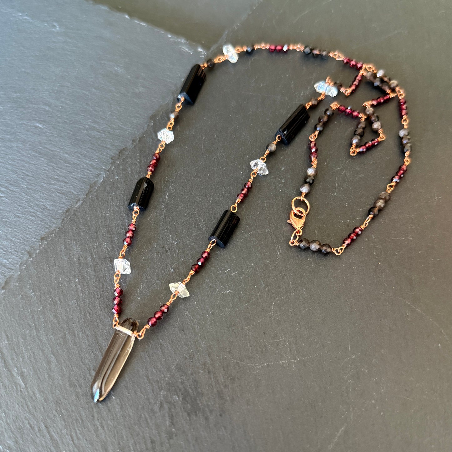 Protection Amulet: Smoky Quartz, Garnet, Quartz,  Black Tourmaline and Obsidian Copper Necklace