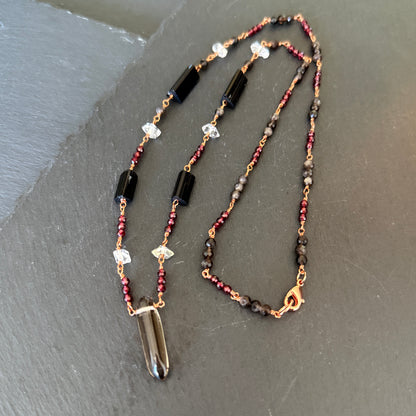 Protection Amulet: Smoky Quartz, Garnet, Quartz,  Black Tourmaline and Obsidian Copper Necklace