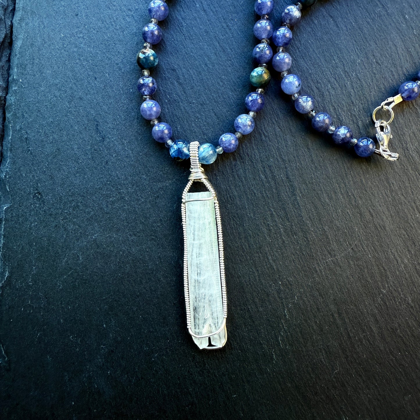 Channeling & Protection Talisman Scolecite Pendant Iolite and Blue Kyanite Gemstone Necklace