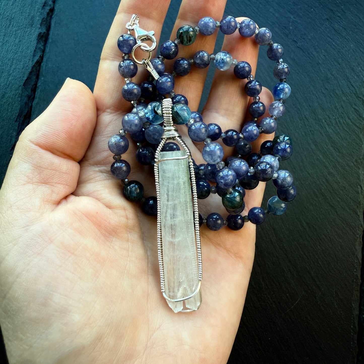 Channeling & Protection Talisman Scolecite Pendant Iolite and Blue Kyanite Gemstone Necklace