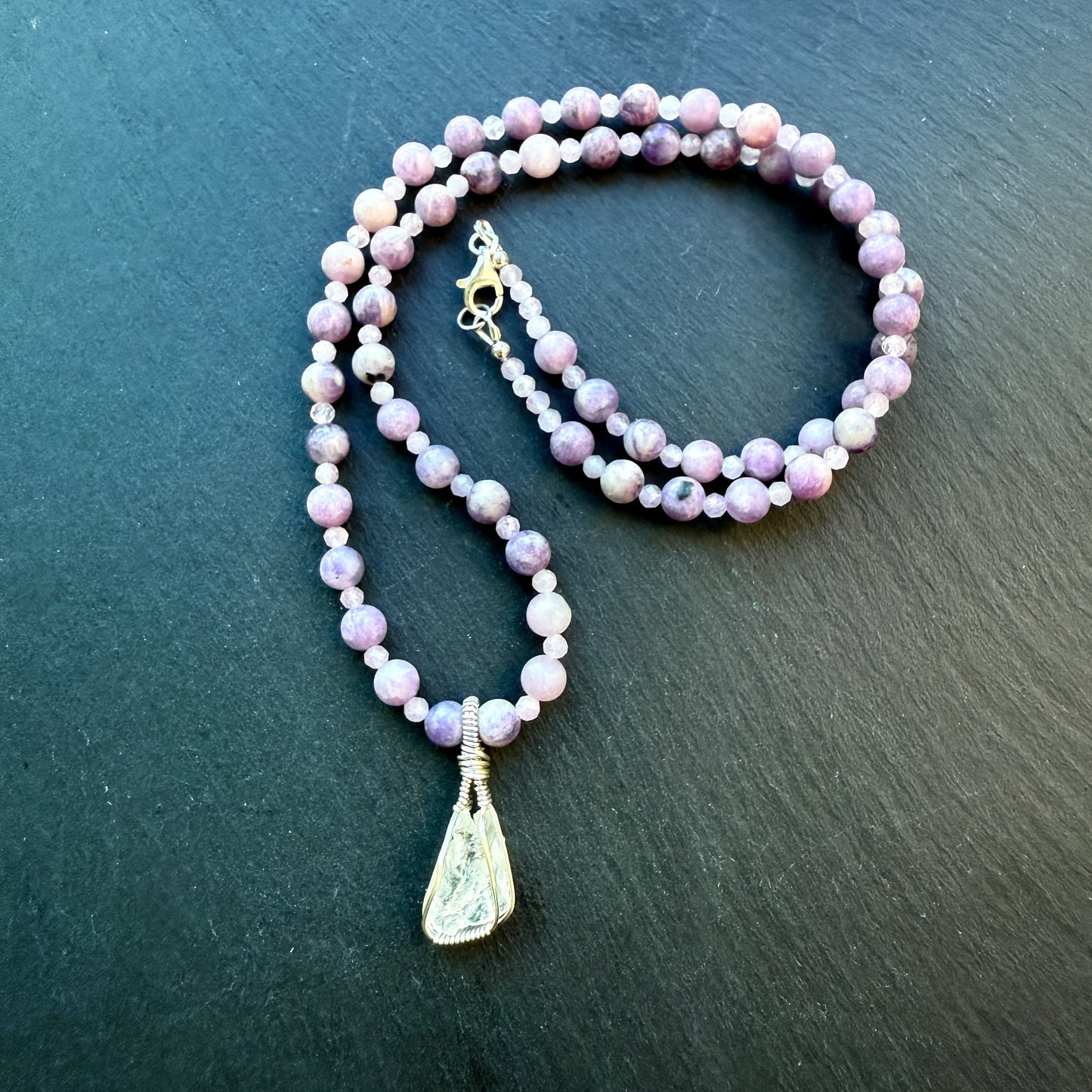 Angel Serenity Lepidolite and Kunzite Gemstone Necklace and Petalite Pendant