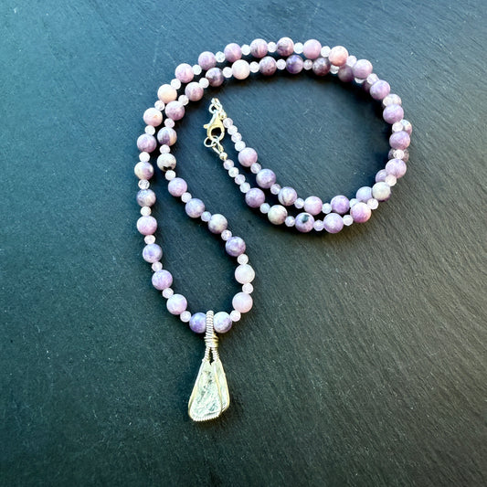 Angel Serenity Lepidolite and Kunzite Gemstone Necklace and Petalite Pendant