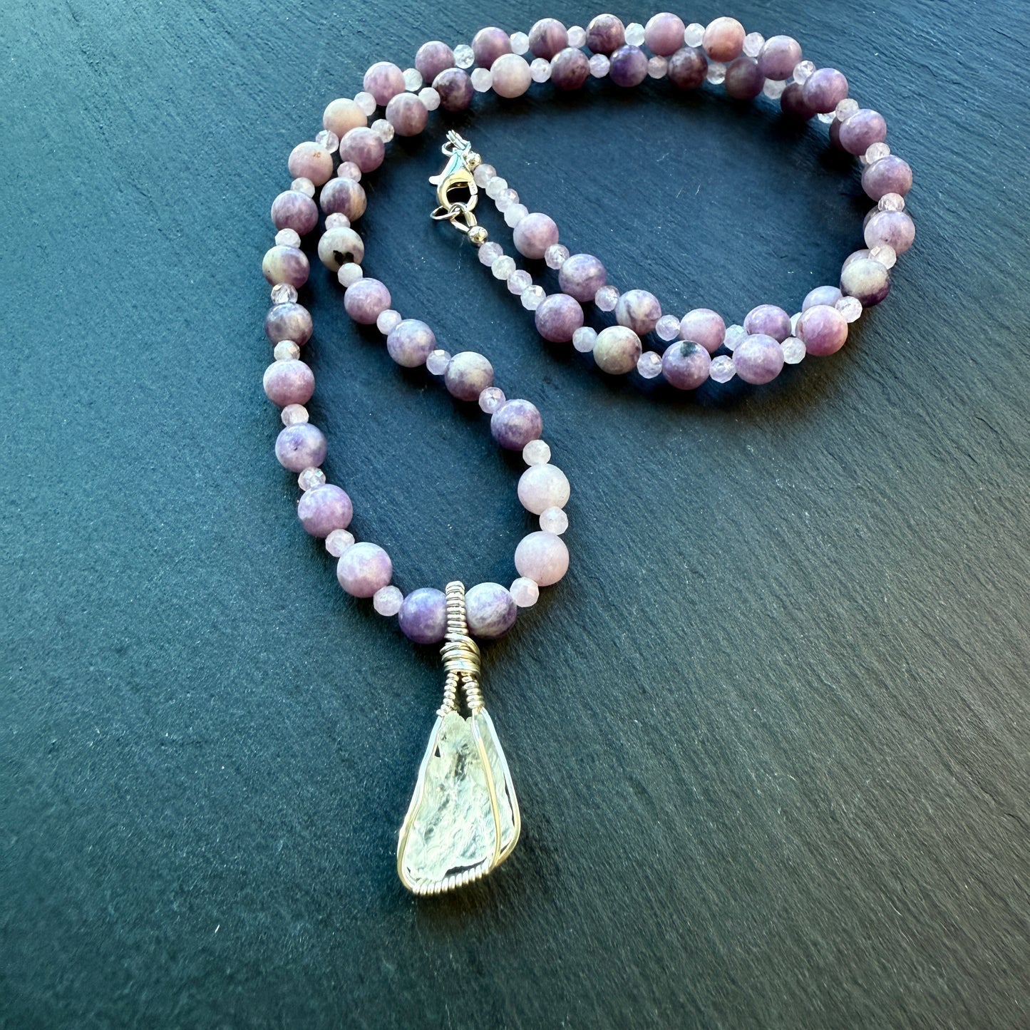 Angel Serenity Lepidolite and Kunzite Gemstone Necklace and Petalite Pendant