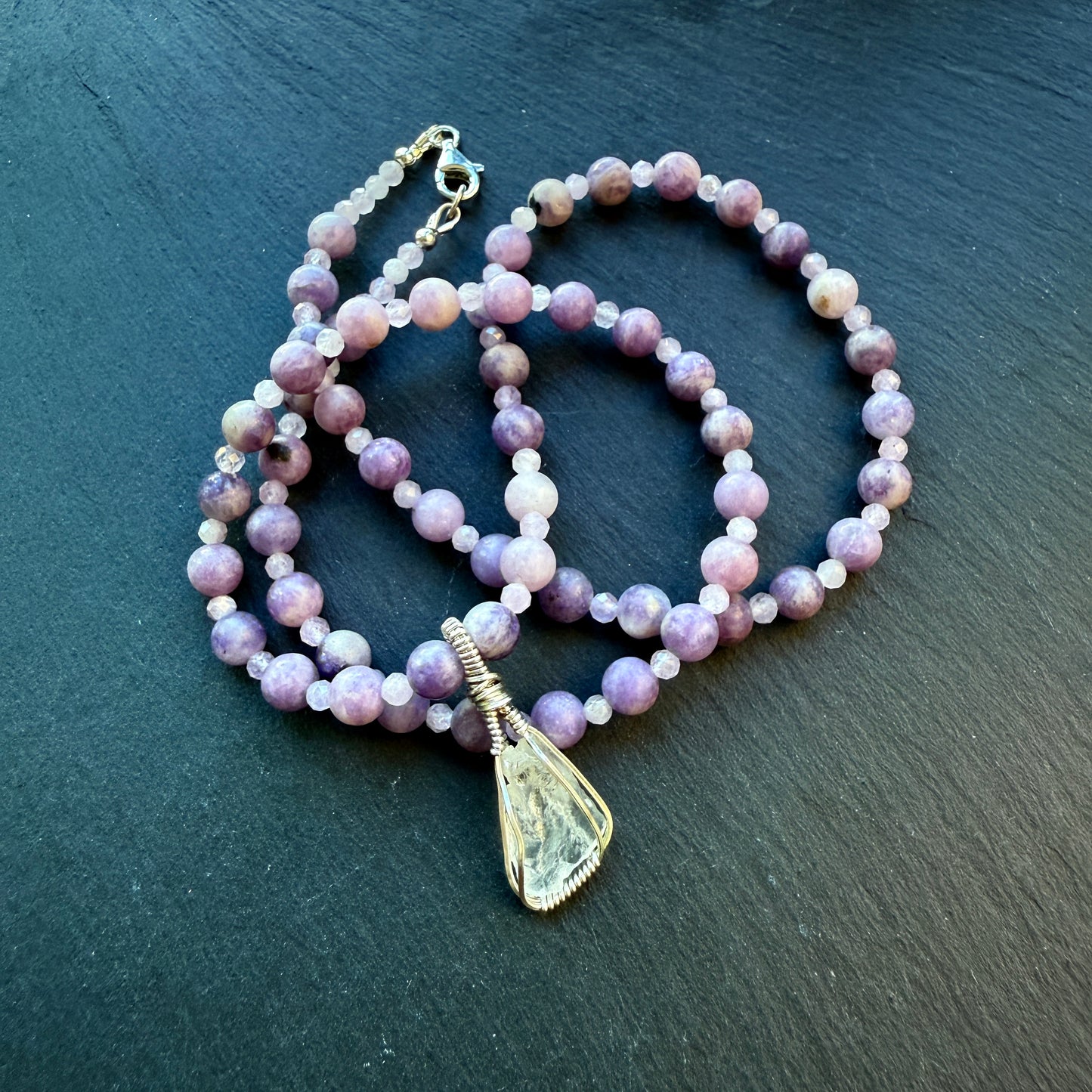 Angel Serenity Lepidolite and Kunzite Gemstone Necklace and Petalite Pendant