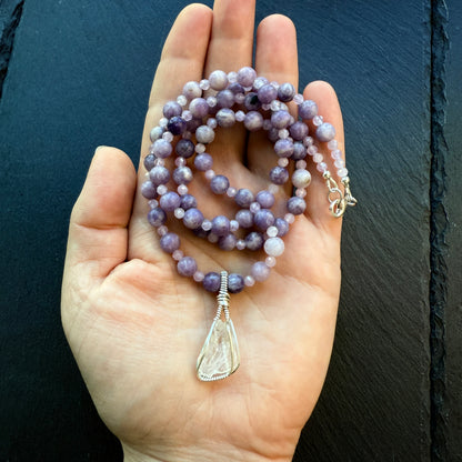 Angel Serenity Lepidolite and Kunzite Gemstone Necklace and Petalite Pendant
