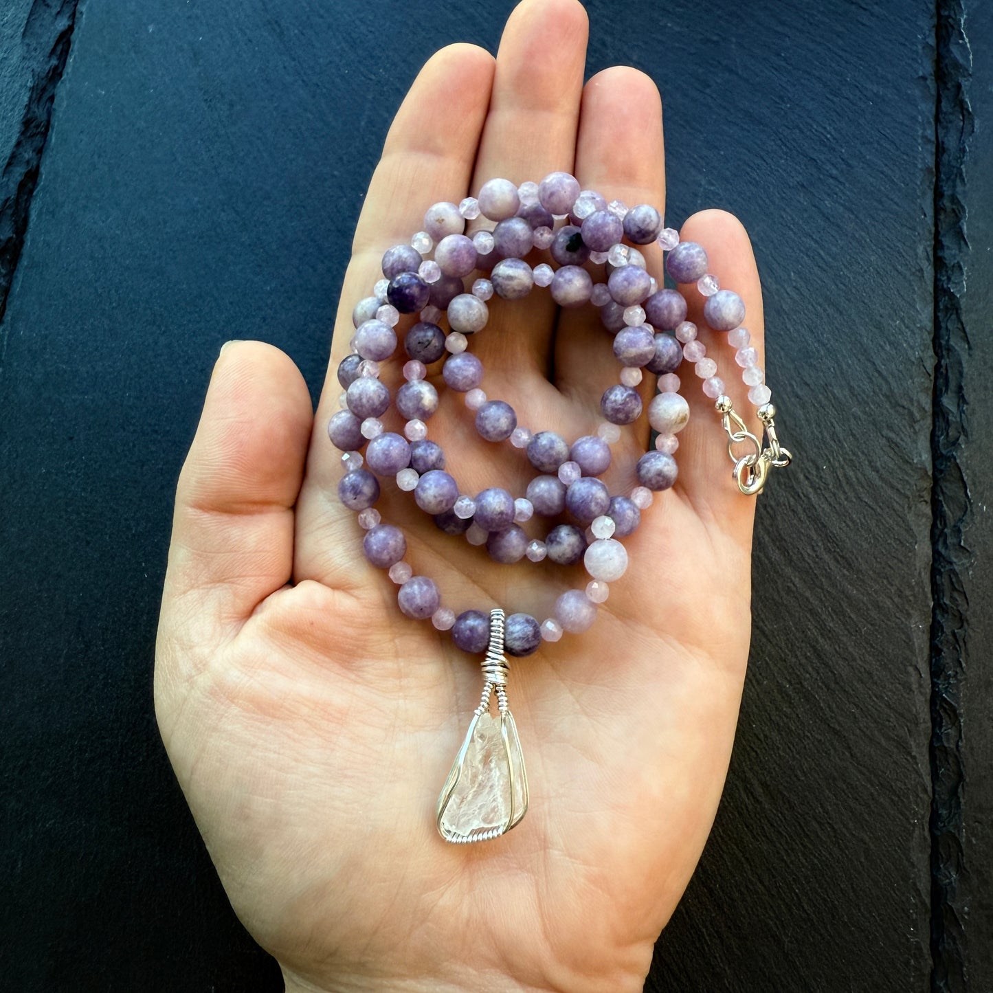 Angel Serenity Lepidolite and Kunzite Gemstone Necklace and Petalite Pendant
