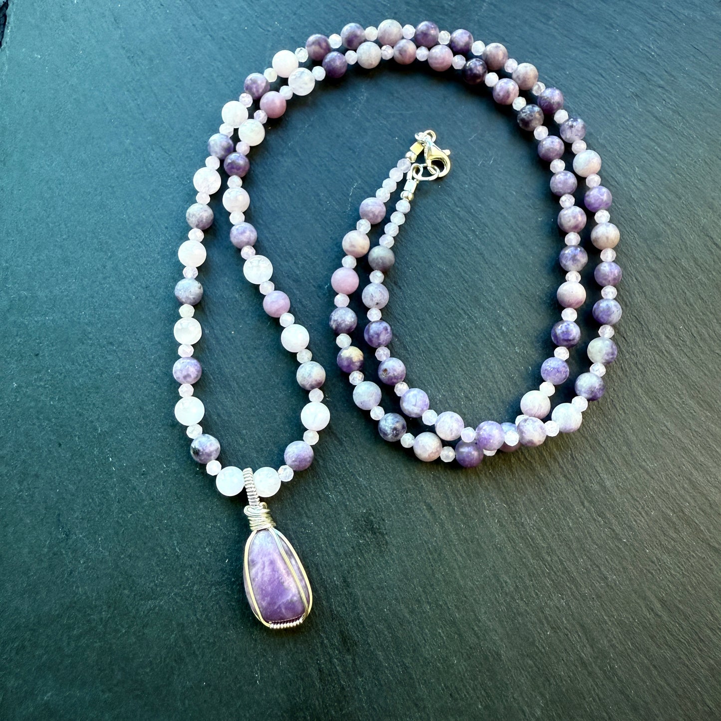 Serenity Calm Lepidolite and Kunzite Gemstone Necklace and Pendant
