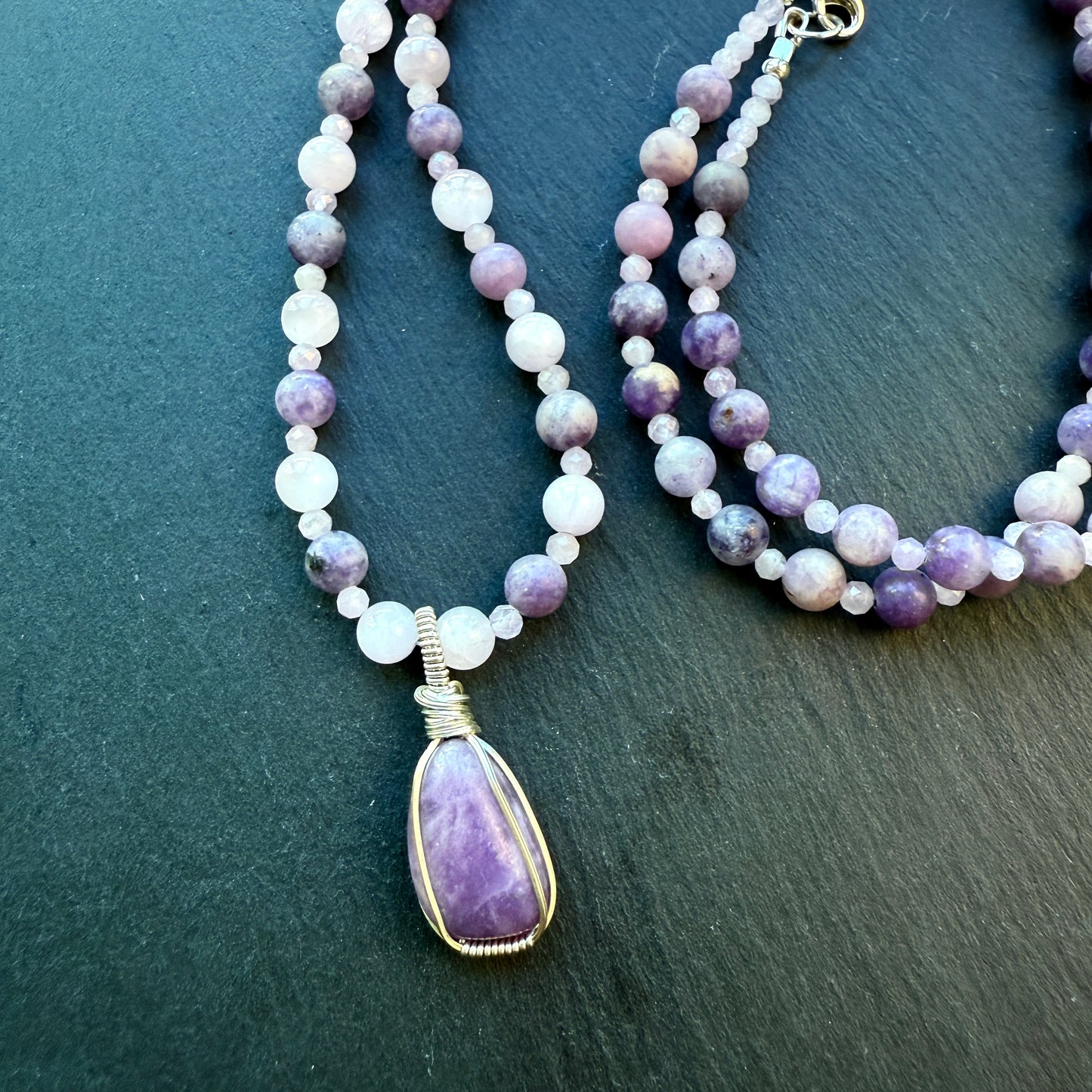 Serenity Calm Lepidolite and Kunzite Gemstone Necklace and Pendant