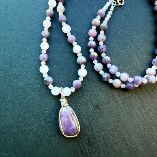 Serenity Calm Lepidolite and Kunzite Gemstone Necklace and Pendant