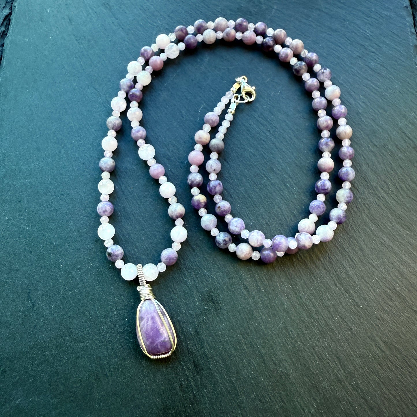 Serenity Calm Lepidolite and Kunzite Gemstone Necklace and Pendant