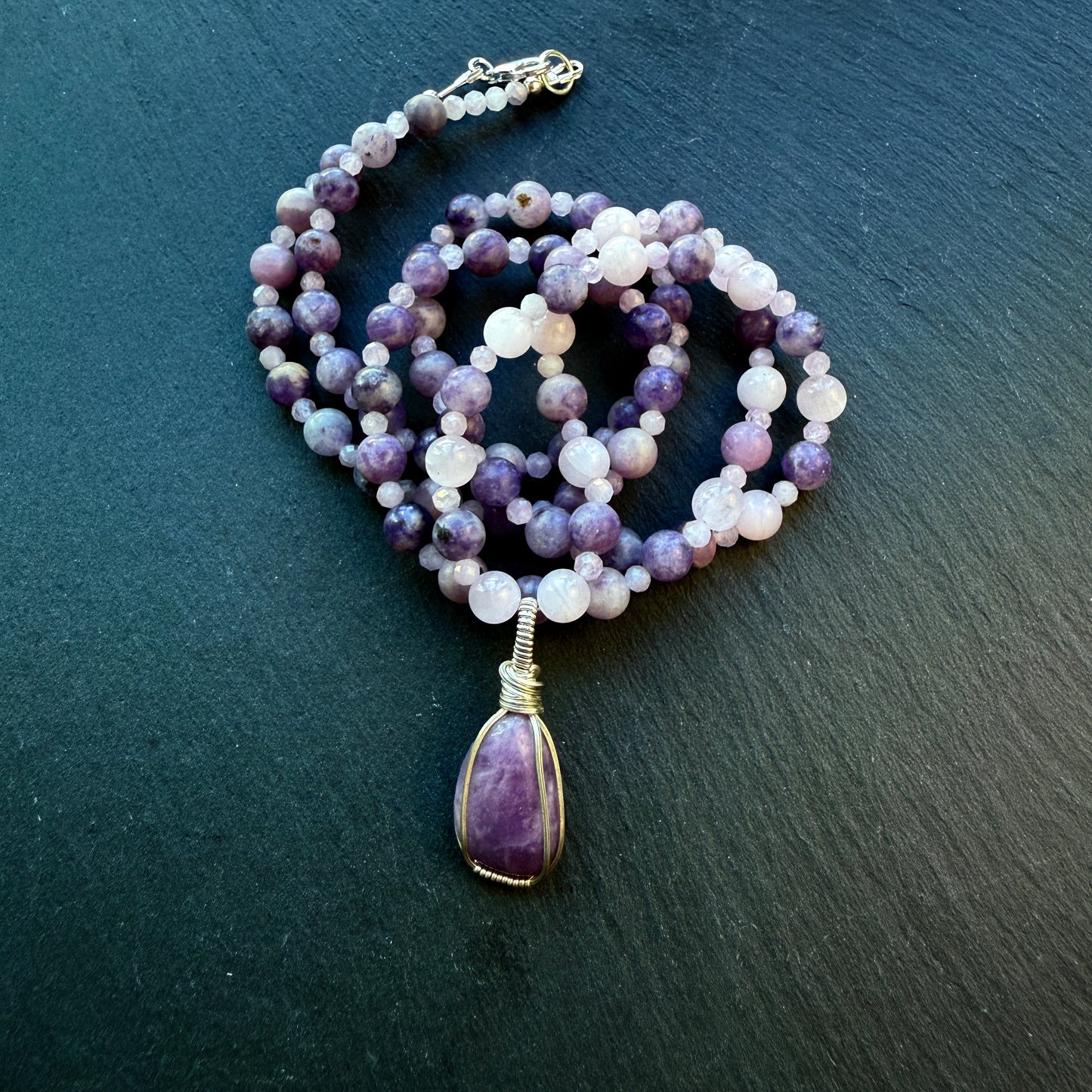 Serenity Calm Lepidolite and Kunzite Gemstone Necklace and Pendant