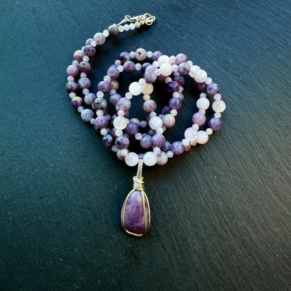 Serenity Calm Lepidolite and Kunzite Gemstone Necklace and Pendant