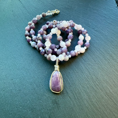 Serenity Calm Lepidolite and Kunzite Gemstone Necklace and Pendant