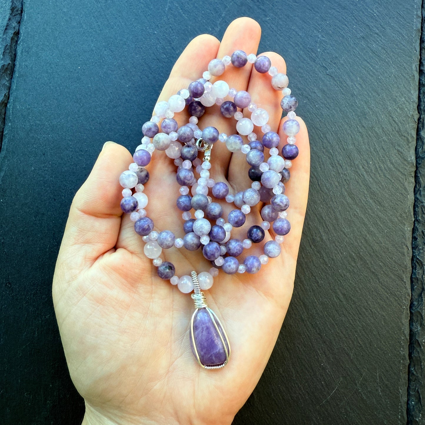 Serenity Calm Lepidolite and Kunzite Gemstone Necklace and Pendant