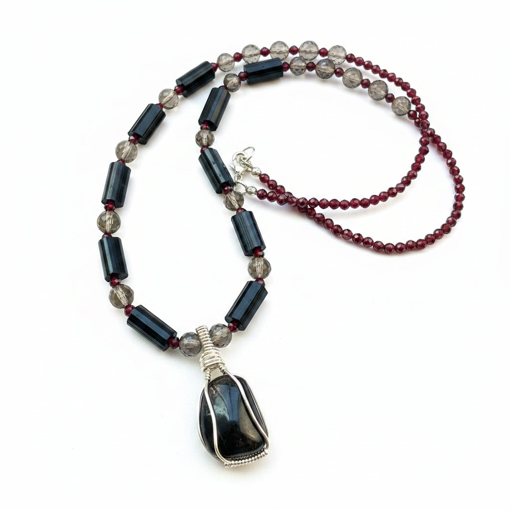 Protection and Balance Root Chakra Amulet Necklace: Smoky Quartz, Black Tourmaline and Garnet