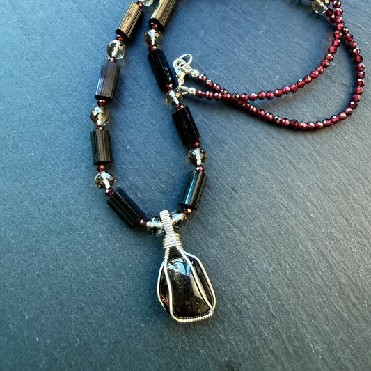 Protection and Balance Root Chakra Amulet Necklace: Smoky Quartz, Black Tourmaline and Garnet