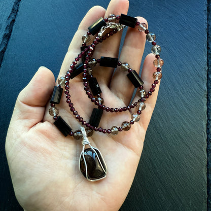 Protection and Balance Root Chakra Amulet Necklace: Smoky Quartz, Black Tourmaline and Garnet