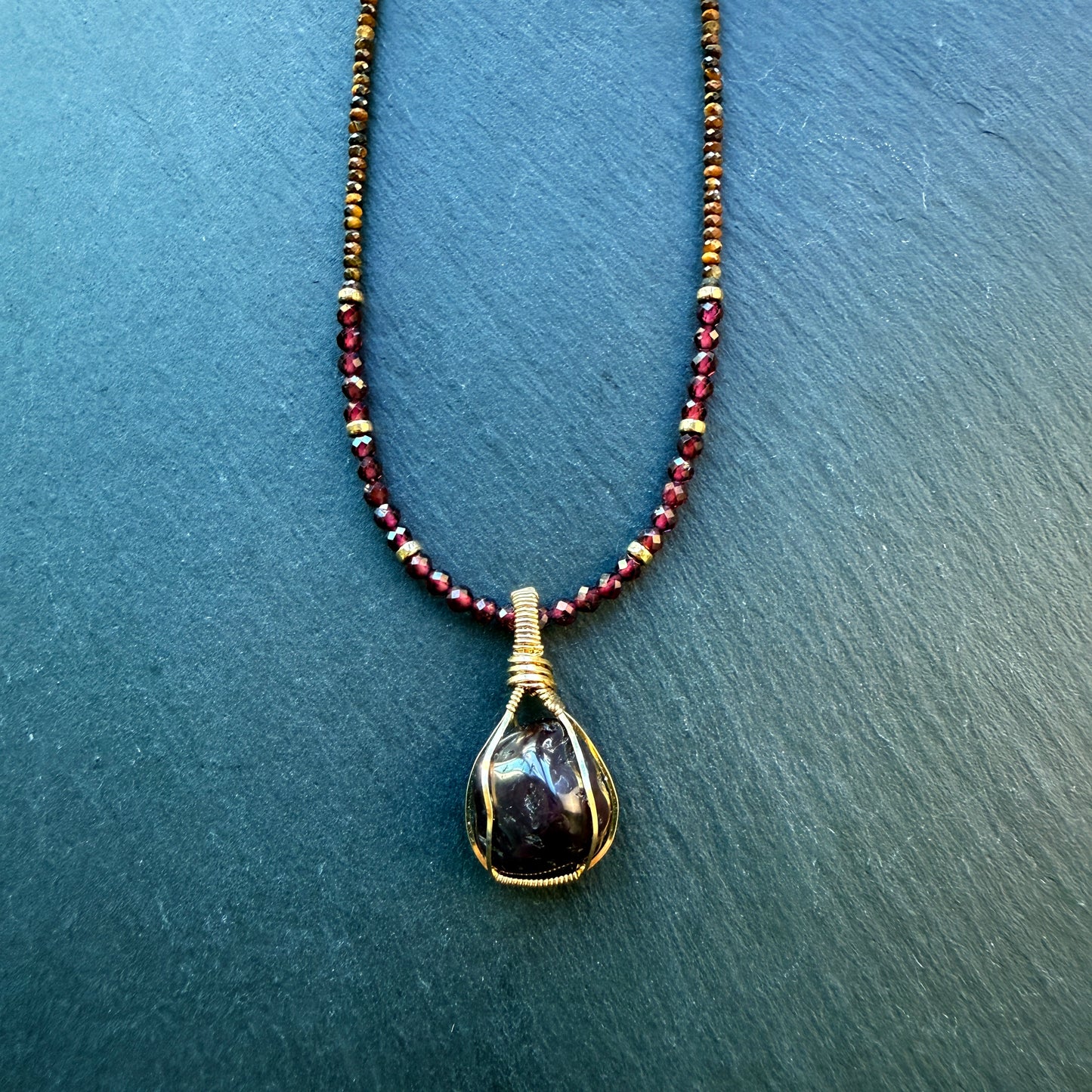 Courage & Inner Strength Talisman Necklace with Garnet and Tiger's Eye and 14k Gold Fill