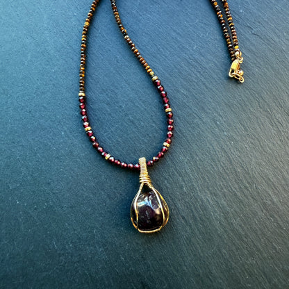 Courage & Inner Strength Talisman Necklace with Garnet and Tiger's Eye and 14k Gold Fill