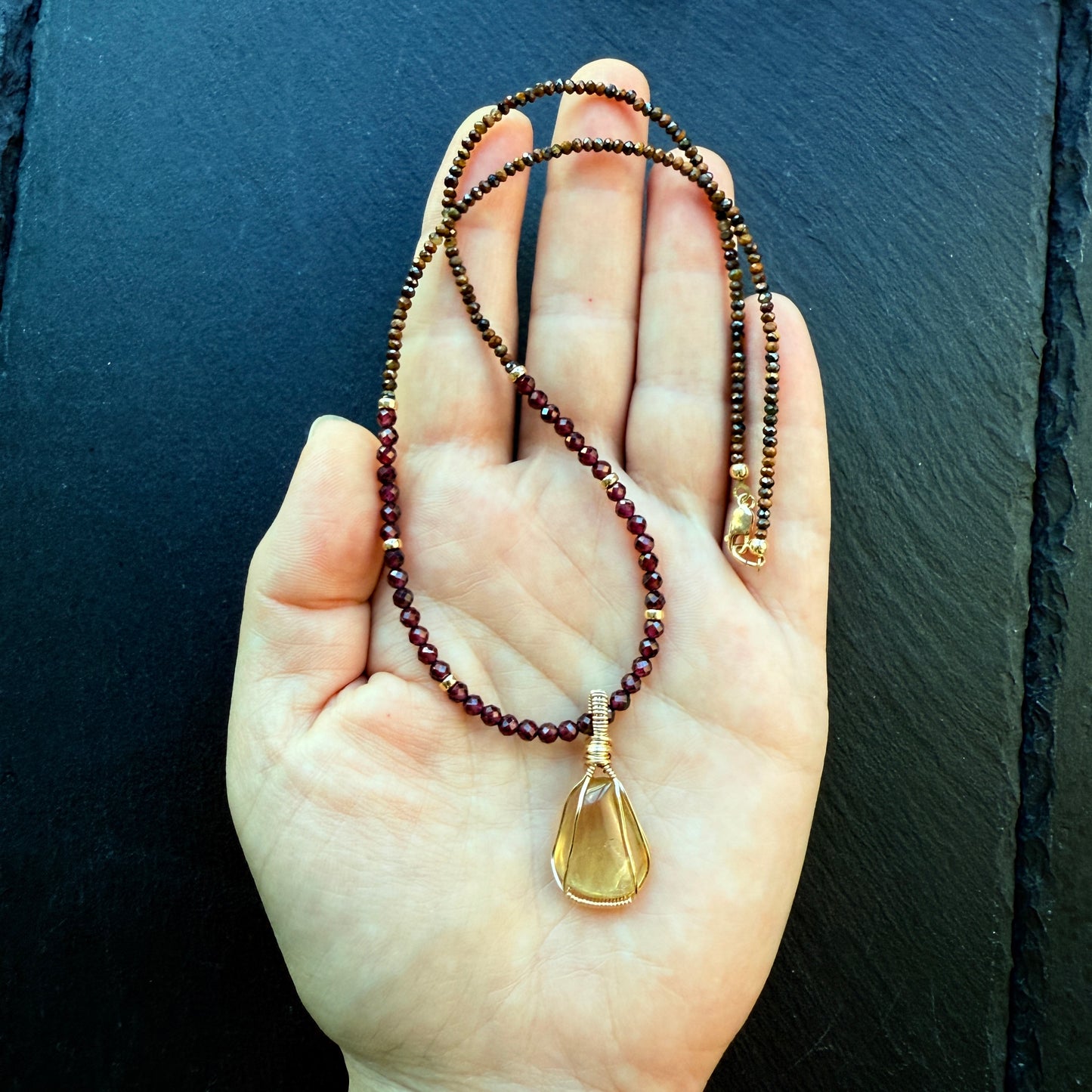 Abundance, Prosperity & Success Talisman Necklace with Citrine, Garnet and Tiger's Eye and 14k Gold Fill
