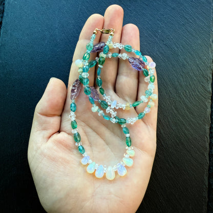 Gem Blossom Necklace with Opal, Amethyst, Blue Apatite, Quartz and Moonstone