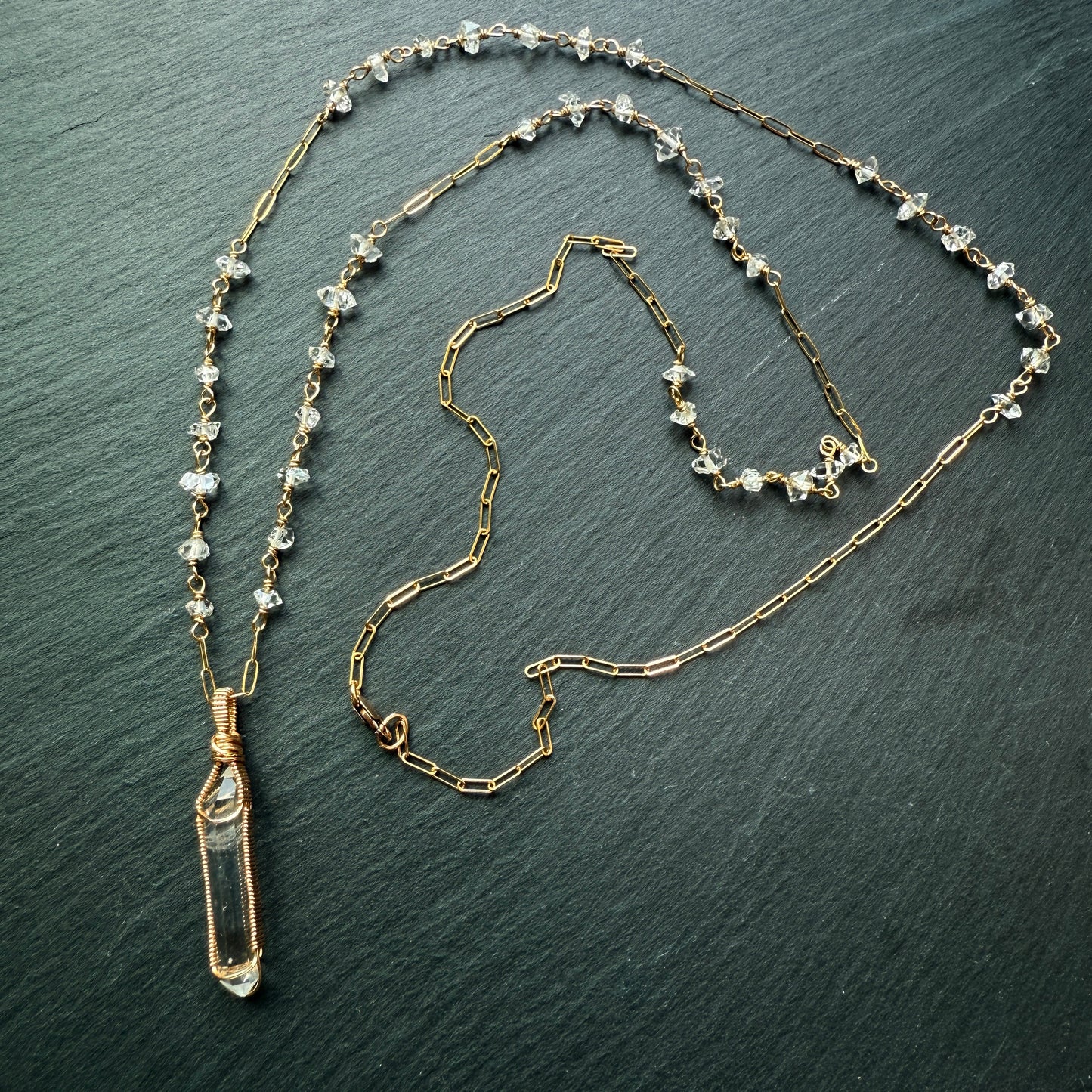 Shine Your Light: Lemurian Quartz Double Terminated Pendant and Crystal Long Necklace 14k Gold fill
