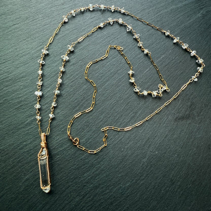 Shine Your Light: Lemurian Quartz Double Terminated Pendant and Crystal Long Necklace 14k Gold fill