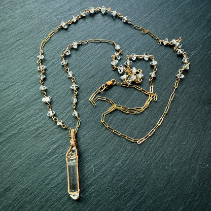 Shine Your Light: Lemurian Quartz Double Terminated Pendant and Crystal Long Necklace 14k Gold fill
