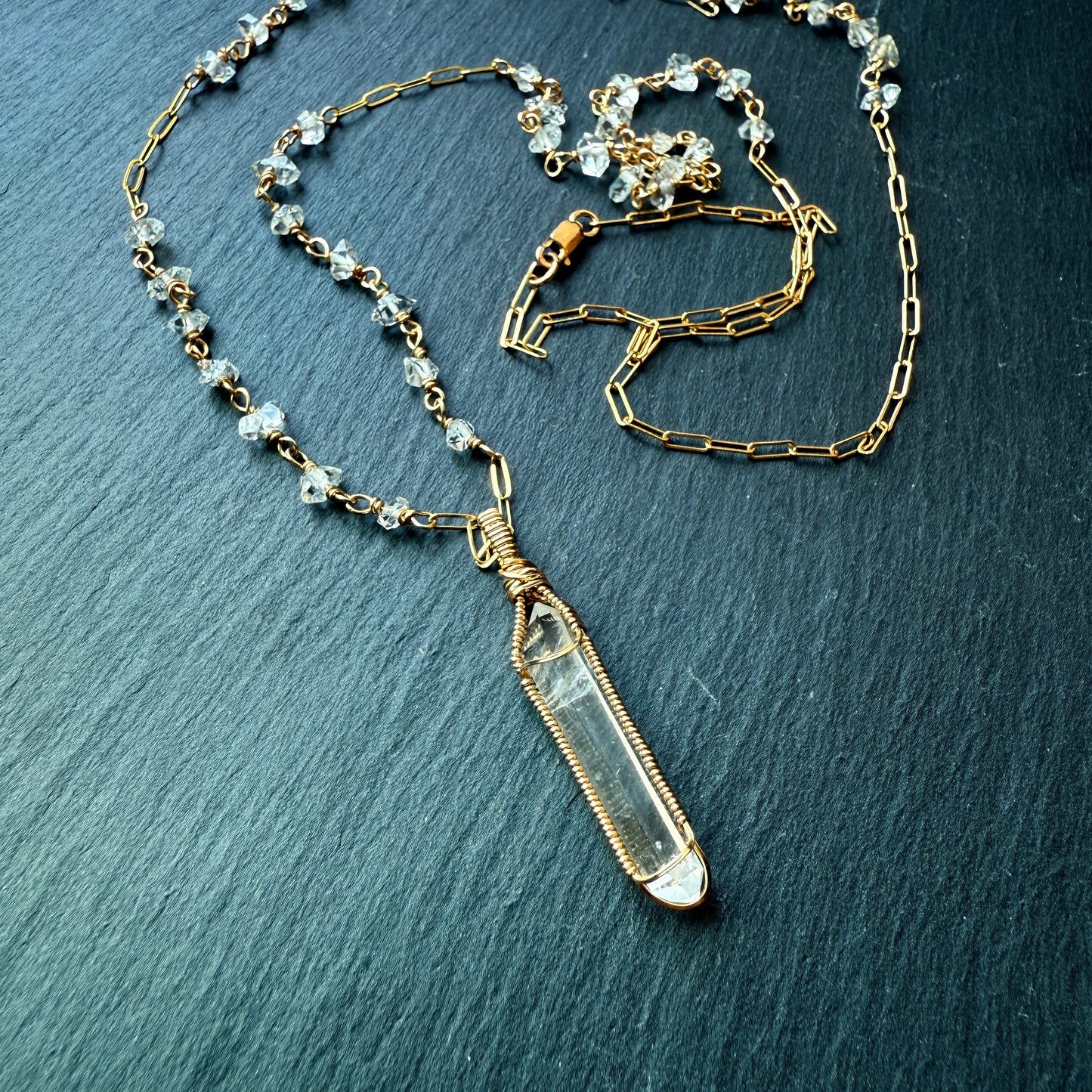 Shine Your Light: Lemurian Quartz Double Terminated Pendant and Crystal Long Necklace 14k Gold fill