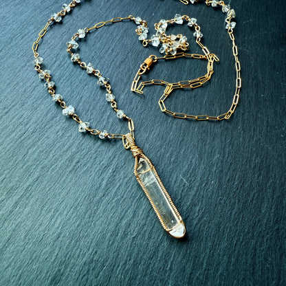 Shine Your Light: Lemurian Quartz Double Terminated Pendant and Crystal Long Necklace 14k Gold fill