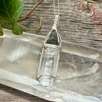Moldavite and Lemurian Quartz Crystal Pendant