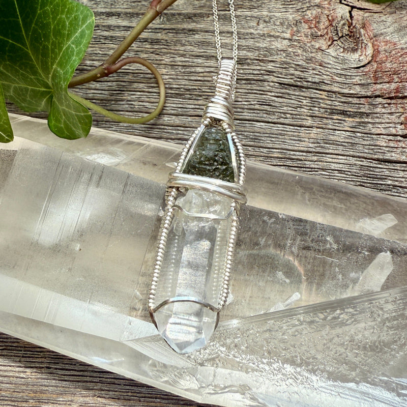 Moldavite and Lemurian Quartz Crystal Pendant