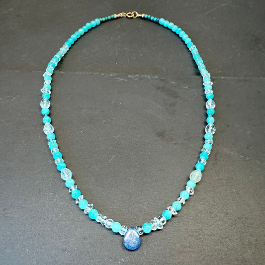 Clear Communication & Truth Talisman: Kyanite, Amazonite, Quartz, Turquoise and Aquamarine Gemstone Necklace