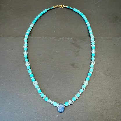 Clear Communication & Truth Talisman: Kyanite, Amazonite, Quartz, Turquoise and Aquamarine Gemstone Necklace
