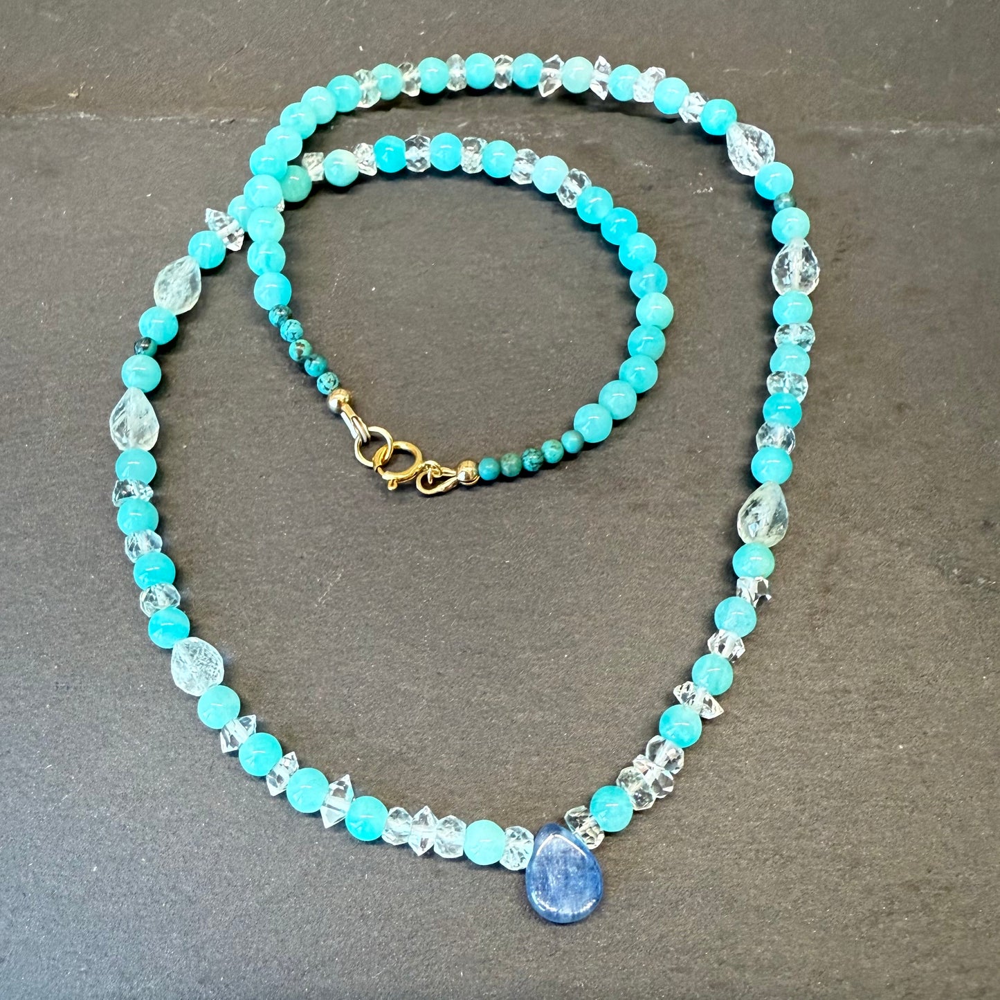 Clear Communication & Truth Talisman: Kyanite, Amazonite, Quartz, Turquoise and Aquamarine Gemstone Necklace