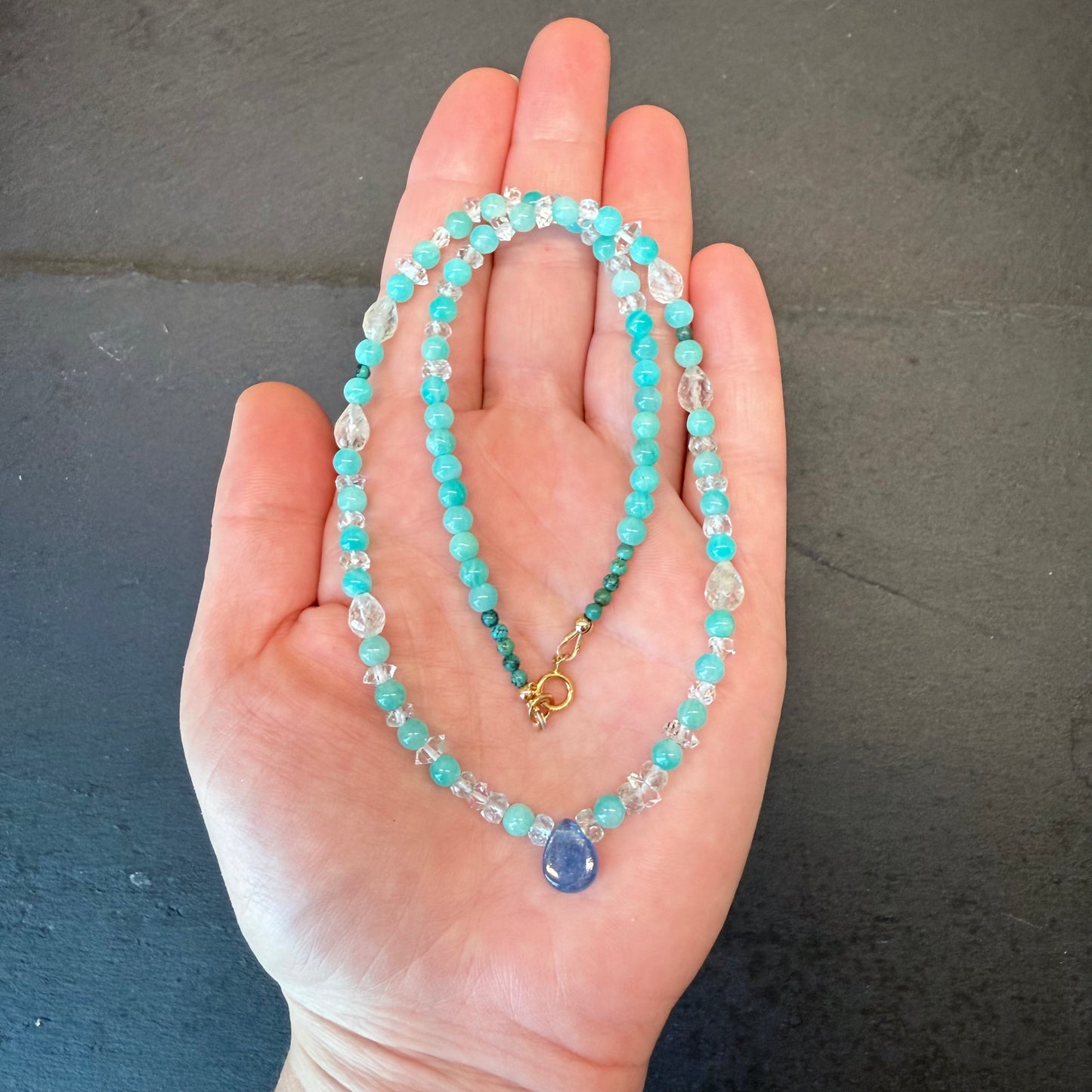 Clear Communication & Truth Talisman: Kyanite, Amazonite, Quartz, Turquoise and Aquamarine Gemstone Necklace