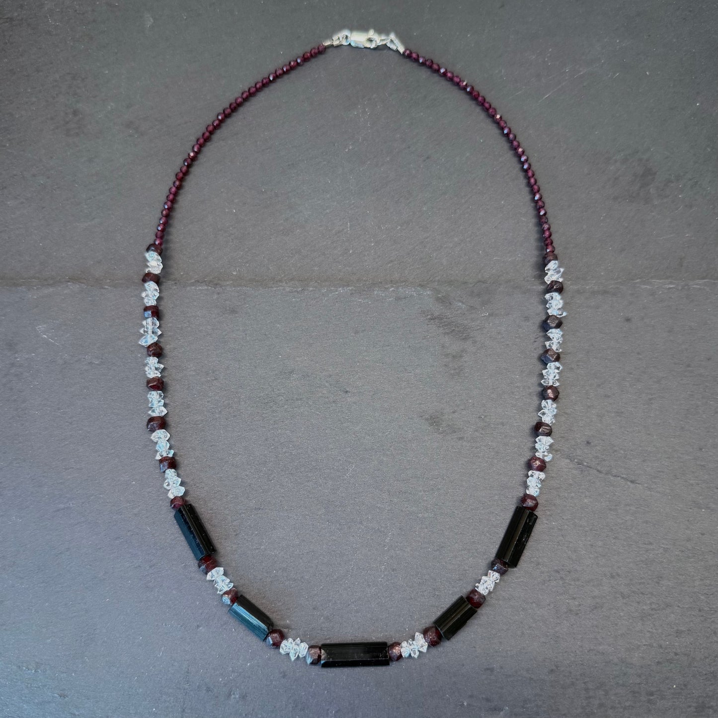 Ground, Balance, Protect Amulet: Black Tourmaline, Double Terminated Quartz and Garnet Necklace