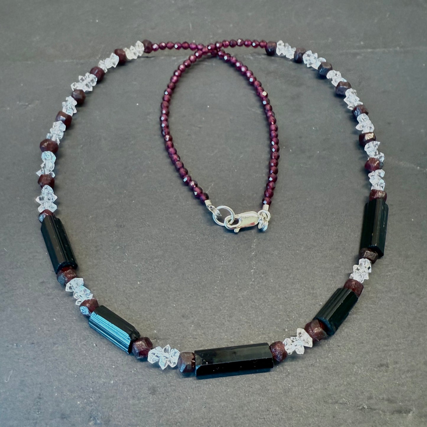 Ground, Balance, Protect Amulet: Black Tourmaline, Double Terminated Quartz and Garnet Necklace